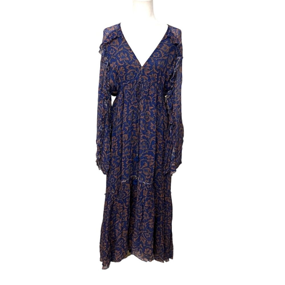 Figue Bohemian Maxi Dress M Floral Tassel Ruffle Sleeve Sheer Long Sleeve